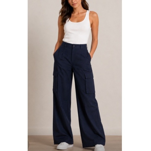 La Ligne Pants - La Ligne Women's Navy Wide Leg Cargo Pockets Alba Pant Size 14 NWT